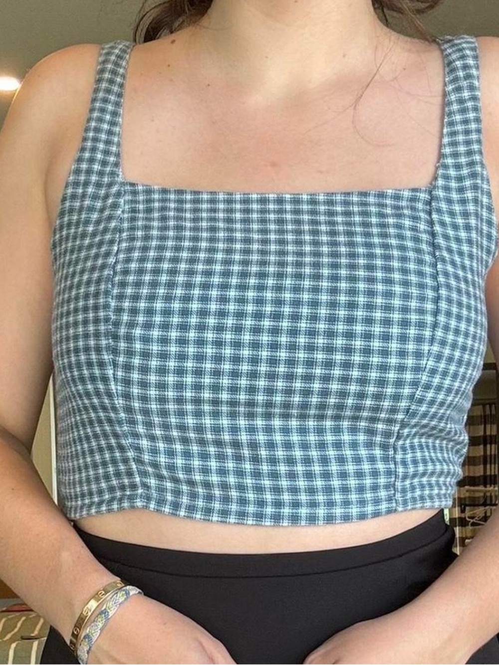 American Eagle Blue Gingham Square-Neck Crop Top
